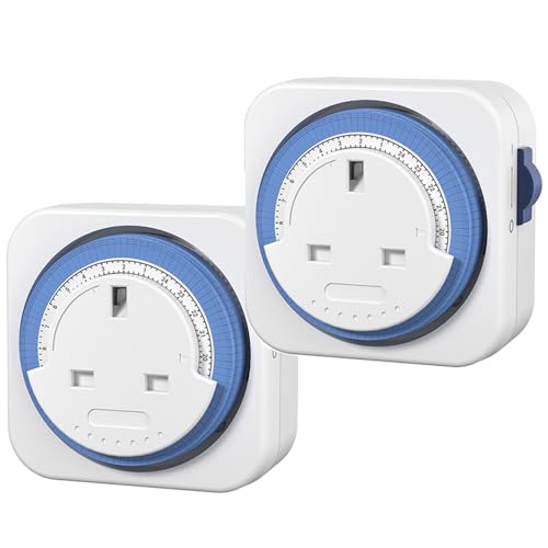 HBN 24 Hour Mechanical Timer Plug Socket UK Indoor Plug-in Segment Plugs Timers Sockets Energy Saving Light Switch for Home Security Lights Lamps and Christmas (15min 2Pack)