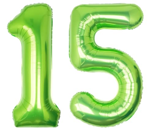 Image of 40 Inch Green Number 15 Balloon Lime Big Large Helium Number 0-9 | Giant Digital 15th Foil Mylar Party Balloon for Birthday Party Anniversary Graduation Decorations