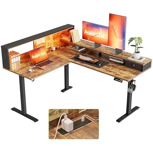 Agilestic 63 Inch L Shaped Electric Standing Desk with Led, Rustic Brown