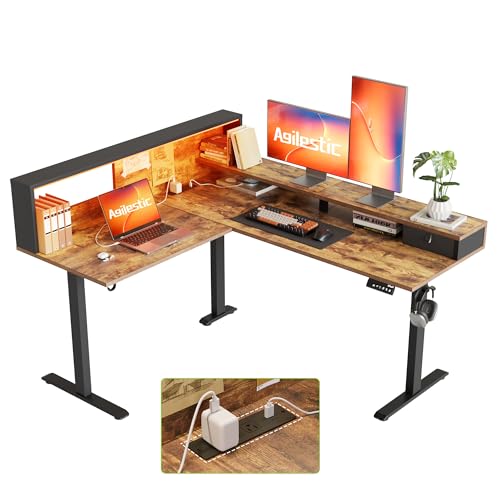 Image of Agilestic L-Shaped Electric Standing Desk, 63x55 Inch Ergonomic Adjustable Height Desk with Storage, Stand Up Corner Desk Sit Stand Computer Table Power Outlet & LED Lights, Office Table, Rustic Brown
