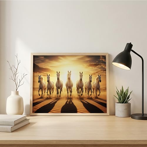 Image of 7 White Horse Vastu Wall Painting - Running Horses Golden Sunrise Desert Framed Wall Art for Living Room & Office Decor (Natural, Design 09, 13x19 Inch)