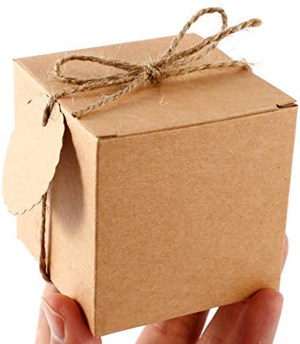 SurePromise 50pcs Candy Boxes Wedding Party Favor Vintage DIY Gifts for Kraft Shabby Square Sweet with Tags 7x7x7cm