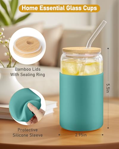 Image of sungwoo Glass Cups with Lids and Straws, 4 Pack 16OZ Iced Coffee Cups with Silicone Sleeve, Glass Tumbler with Straw and Bamboo Lid, Home Essential Drinking Set for Juice, Cocktail and Tea White&Green
