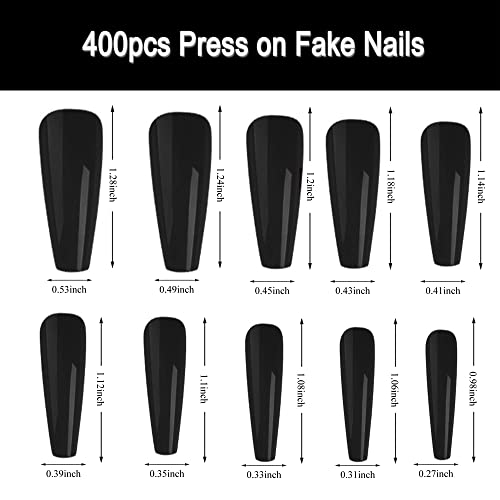 AddFavor 400pcs Coffin Press on Nails Ballerina Fake Nail Tips Long Full Cover Acrylic False Nails for Women Girls Nail Art DIY Decoration (Balck, White, Pink & Coffee)