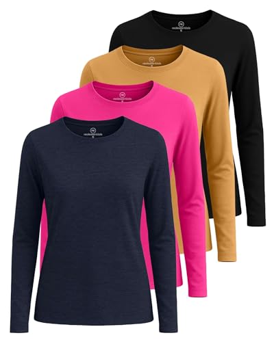 Real Essentials 4 Pack: Women's Cotton Classic-Fit Long-Sleeve Crewneck T-Shirt (Available in Plus Size) - Set 12, M