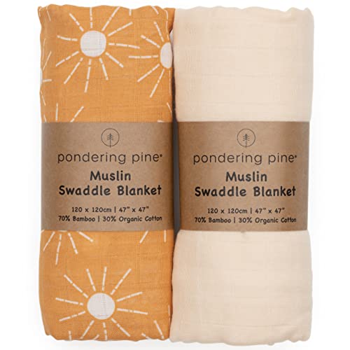 Image of Organic Baby Muslin Swaddle Blankets - Sun and Cream Swaddle Blanket 2 Pack - Soft Organic Cotton and Natural Bamboo Muslin, XLarge and Breathable, Boho Baby, 47" X 47"