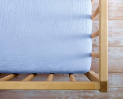 Image of Meracorallo Muslin Pack and Play Fitted Sheet, 100% Cotton, Sky Blue | Soft Breathable Mini Crib Sheet, Pack N Play Sheet, 38x26 In, Playard Mattress Sheet for Baby Boys and Girls