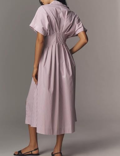 Women's Striped Button Front Pleated Maxi Shirt Dress Short Sleeve Collar V Neck Summer Casual Long Dress3
