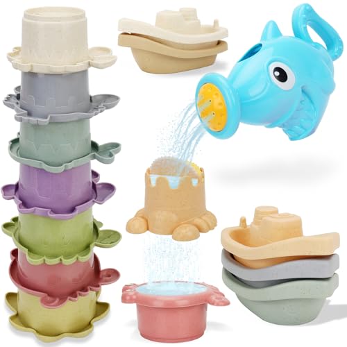 Bath Toys for Kids Ages 1-3, Kids Bath Toys with Floating Boats, Bathing Spoon Shower, 14 PCS Bathtub Toy for Babies Water Table Pool Birthday Gift for Toddlers 1-3 Infant Baby Boys/Girls 6-12-18M+