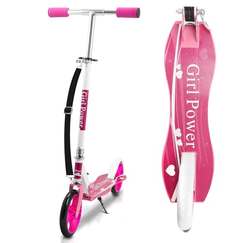 Hebitod Scooter for Kids, Kids Scooter Foldable, 3 Levels Adjustable Height with Rear Brake and carrying strap, Scooter for kids ages 6-12 adult Scooters up to 100kg loadable- Pink