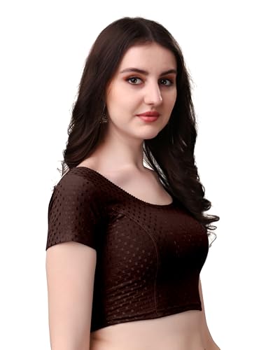 Image of Mogsa Women's Stretchable Dobby Cotton Lycra Saree Blouse | Readymade Stitched Blouse | Round Neck | Short Sleeve | Soft & Comfortable Ethnic Blouse for Saree Wear