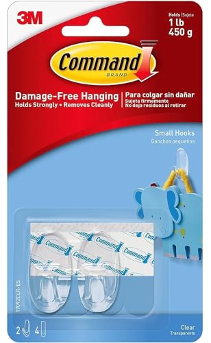 Command Small Hooks with Clear Strips Pack of 2 Hooks + 4 Adhesive Strips Transparent - Indoor Use - Suitable for Hanging Items up to 450 g - Damage Free Hanging