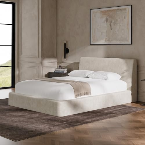 Image of RECCI AirFrame Full Size Bed Frame with Ergonomic Angled Headboard, 360 Cushioned Platform Bed Frame, Low Profile Minimalist Soft-Frame Bed, No Box Spring Needed, Easy Assembly, Beige Chenille