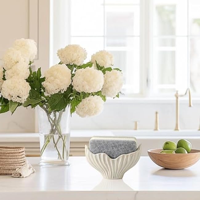 Sponge Holder for Kitchen Sink, Ceramic Dish Sponge Holder with Fishtail Design, Sink Caddy Organizer for Countertop, Farmhouse Kitchen Decor, Compact Sinks Caddy Dish Sponge Holders(White)