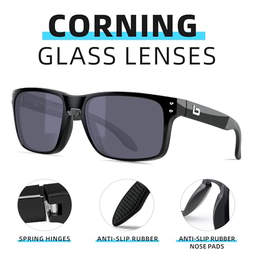 Image of BNUS Corning Glass Lens Sunglasses for Men Women, Polarized Option UV400 | Hard, scratch-resistant Corning glass lenses, UV protection, no-paint frame, spring hinges - ideal for driving & fishing