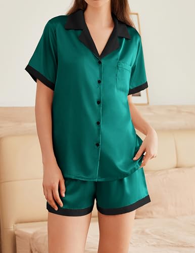 Image of Ekouaer Womens Silk Satin Pajama Set Short Sleeve PJs 2 Piece Button Down Top and Shorts Notch Collar Sleepwear Sets Soft Pjs