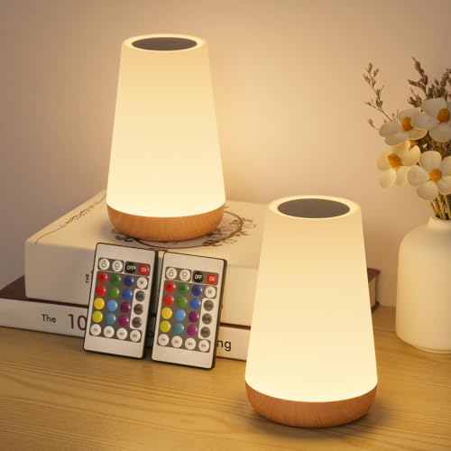 WARMLIO LED Bedside Lamp Set of 2 with Remote Control, Touch Dimmable with 13 Colours, USB Rechargeable with Timer