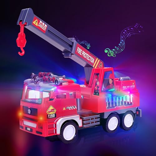Feuerwehrauto Spielzeug für Kleinkinder ab 3 4 5 Jahren, 4D LED Licht Feuerwehr Spielzeug, Drehbare, Hindernisse vermeidende Groß Elektrisch Feuerwehrfahrzeuge, Geschenk für Kinder Jungs Mädchen