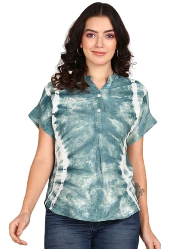 Image of Maaesa Women Handmade Regular Fit Tie-Dye Rayon Top | Casual Wear & Office Wear | Short Sleeve | Mandarin Neck | Lightweight & Breathable Fabric