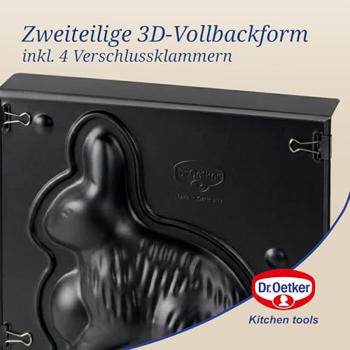 Dr. Oetker Vollbackform Hase – 3D Hasenbackform aus Stahlblech mit Antihaftbeschichtung, inkl. Verschlussklammern, Hitzebeständigkeit: +230 °C, Reinigung per Hand, Made in Germany