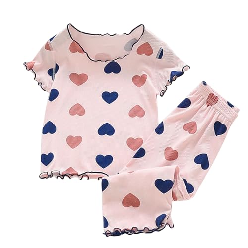 Girls Pyjamas Summer Shorts Sets Heart-Shaped Pattern Ruffled 𝗣js Knit Short Sleeve Tops and Pants 2pcs Sleepwear