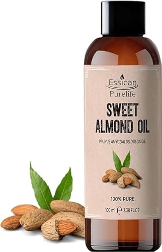 Essican Purelife Olio Di Mandorle Per La Pelle 100ml, Olio di Mandorle Dolci Puro per Capelli, Olios Vettore Oli Essenziali, Spremuto a Freddo, Olios Massaggi, Idratante Viso, Pelle Secca e Orecchie