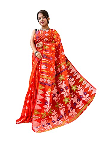 Sari de algodón indio jamdani phulkari naranja vestido tradicional musulmán dhaka 929d