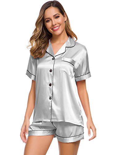 Image of SWOMOG Womens Silk Satin Pajamas Set Short Sleeve Sleepwear Button Down Top and Shorts Loungewear 2 Piece Pjs Set XS-3XL