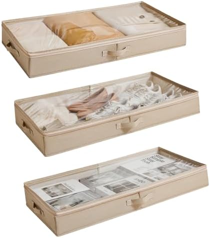 3 Pack Under Bed Storage Containers, Low Profile Underbed Shoes a...