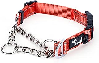 PETTOM Half Choke Dog Collar Medium, Nylon Dog Choker Chain Collar, Chew Proof Metal Chain Half Check Collar for Medium Large Dogs (M: 16.9-20.5inch, Red)
