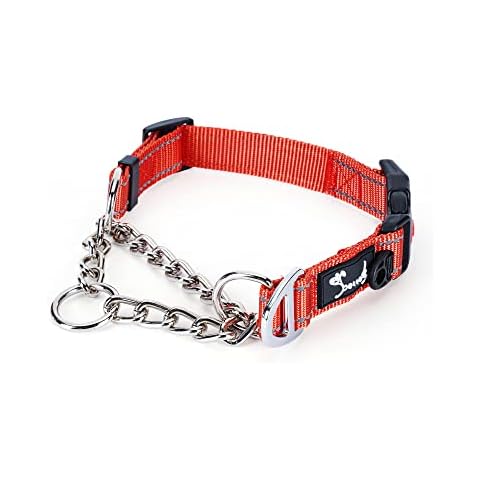 PETTOM Half Choke Dog Collar Medium, Nylon Dog Choker Chain Collar, Chew Proof Metal Chain Half Check Collar for Medium Large Dogs (M: 16.9-20.5inch, Red) Cover