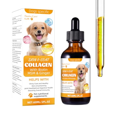 Liquid Collagen for Dogs, Dog Collagen Drops with Biotin, MSM, Ginger, Vitamins C & E - Boosts Skin & Coat, Joint Health, Digestion, Immunity - Offers Itch Relief - 60ml Supplement