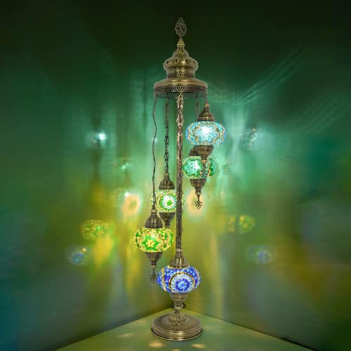 mozaist 5 Large Globe Turkish Tiffany Style Floor Lamp, Handmade Handicraft Antique Standing Light for Entryway, Bedroom, Moroccan Boho Chic Decorative Lampshade with US Plug & E12 Socket (Mint)