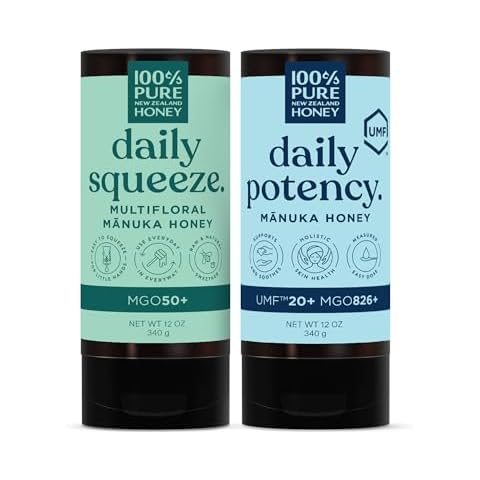 100% Pure New Zealand Manuka Honey MGO 50+ Multifloral Squeezy and UMF 20+ Squeezy Bundle Cover