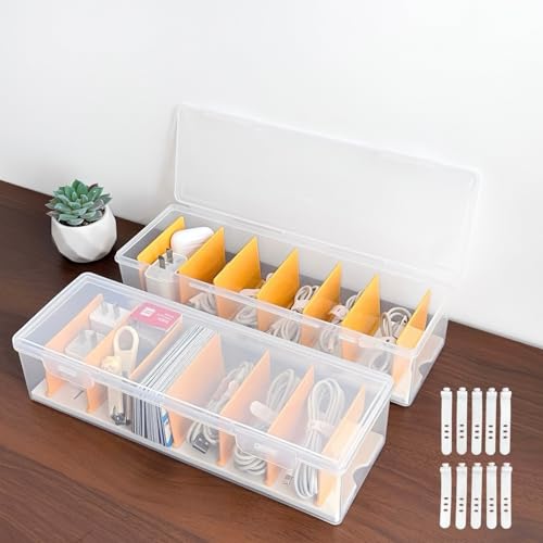 AXGG 2 Stück Kabel Organizer Box mit Deckel Kabel Aufbewahrungsbox mit 10 Kabelbinder und 7 Verstellbare Fächern Kabelbox Kunststoff Transparent für Büro Zuhause Schreibtisch (2 Stück)