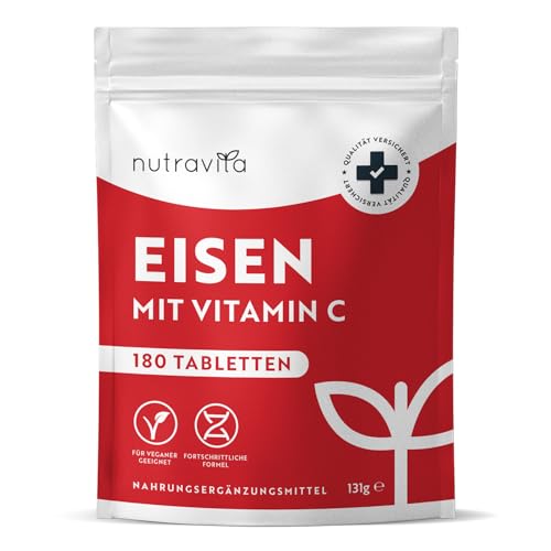 Eisentabletten mit 40 mg Eisen + Vitamin C (80mg) - 180 vegane Tabletten - Eisen Vitamin C Hochdosiert - ohne unerwünschte Zusatzstoffe - 6 Monate Vorrat - Hergestellt von Nutravita