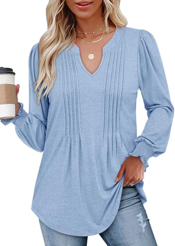BETTE BOUTIK Long Sleeve Shirts for Women Fall Tops Dressy Blouses Pleated V Neck Tunic Tops for Leggings S-3XL