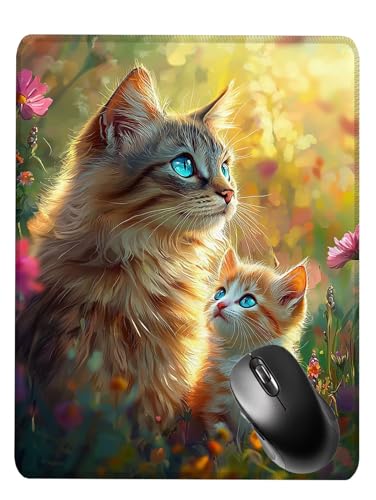 Alfombrilla Ratón Gaming, Mouse Pad, con Base de Goma Antideslizante, Superficie Impermeable, Bordes Cosidos, Compatible con Ratones Láser y Ópticos Portátil, Office, 29x24x0.3cm Gato Flores 3 S0F-559