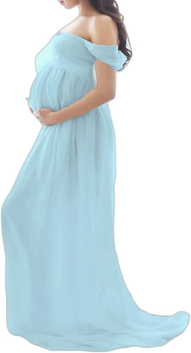 Maternity Dress Split Front Sheer Chiffon Maternity Gown Off Shoulder Pregnancy Lace Maxi Dress for Photo Shoot