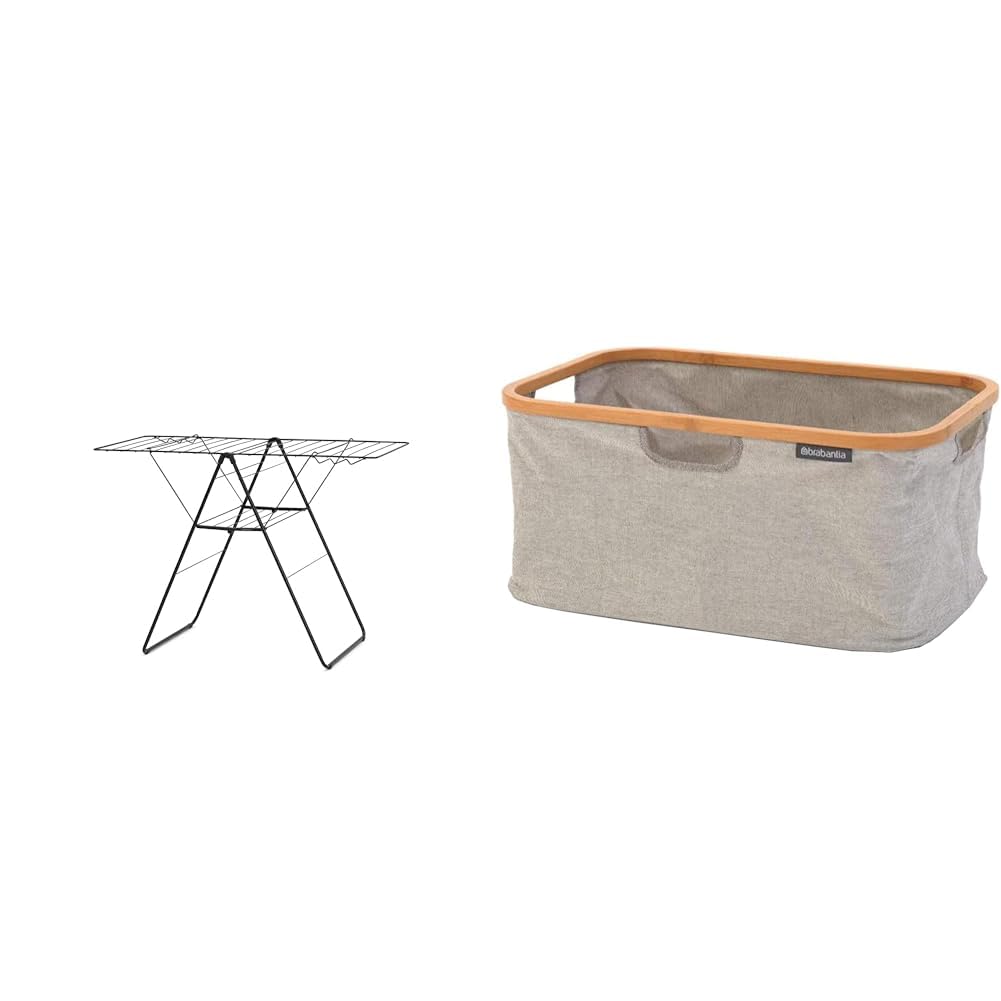 Séchoir Brabantia HangOn 20m noir avec son panier à linge pliable en bambou