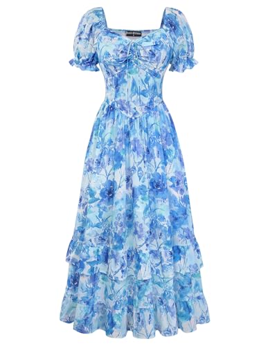 Image of Scarlet Darkness Women Floral Maxi Dress Puff Sleeve Tea Party Corset Dress | Pockets, Ruched Bust, Ruffled Hem, for Cottagecore Fairy Milkmaid Vacation