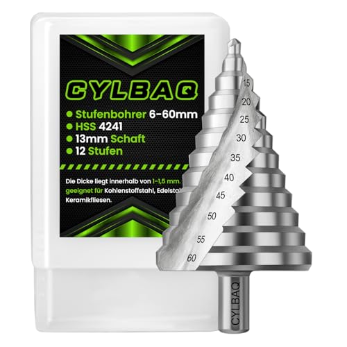 CYLBAQ Foret conique HSS de 6 à 60 mm, foret conique avec 12 niveaux, foret conique pour plastique, bois, tige de 13 mm, foret conique HSS de qualité supérieure