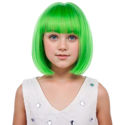 Image of PATTNIUM Children Neon Green Wig with Bangs for Kids Girls Short Green Bob Wigs Synthetic Halloween Wigs