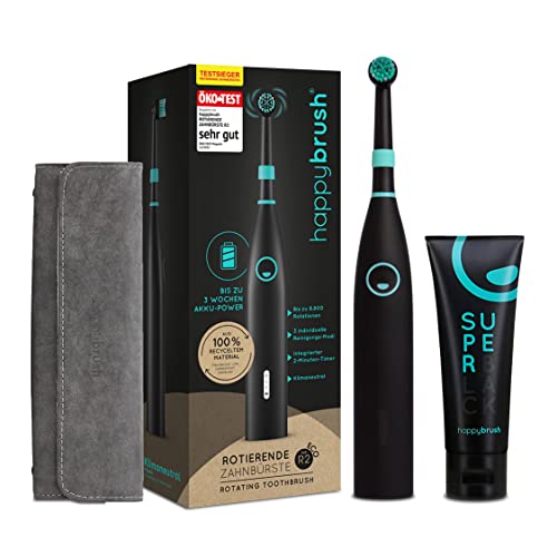 happybrush® Elektrische Zahnbürste Eco R2 - Nachhaltige rotierende Zahnbürste mit Power-Akku inkl. Reiseetui und Zahnpasta - Schwarz