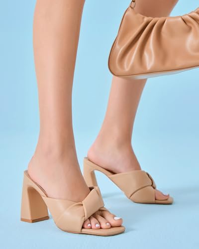 Image of Coutgo Womens Chunky Heeled Mules Puffy Knot Square Open Toe Slip On Sandals Summer Evening Party Prom Shoes