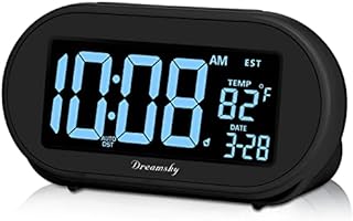 DreamSky Auto Time Set Alarm Clock for Bedroom, 0-100% Dimmable Brightness Dimmer, USB Charging Port, Date, Auto DST, Temperature, Snooze, 4 Time Zones Digital Clocks for Adult Kids
