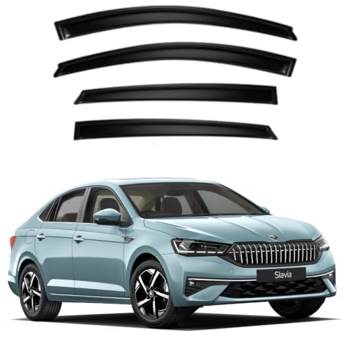 Image of Premium Smoke Car Door Visor Front+Rear Sun /Rain Guard Outside Mount Tape-On Window Visors Compatible with Skoda Slavia (2026)