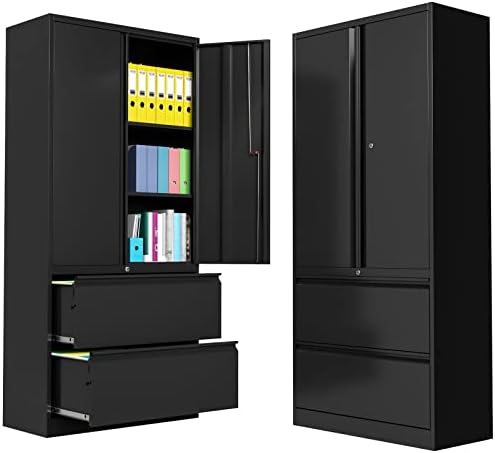 LISSIMO Metal File Cabinet with 2 Drawers,Office Storage Cabinet with Adjustable Shelves, Lockable Lateral File Cabinet for Letter/Legal/A4 Size Files (Black)