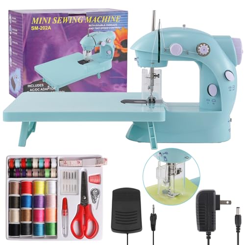 Sewing Machine for Beginners with Expansion Table Foot Pedal and 42Pcs Sewing kit Finger Guard & Light Mini Small Portable Sewing Machines 2-Thread 2-Speed 2-Switches for Kids Ages 8-12 Blue Set