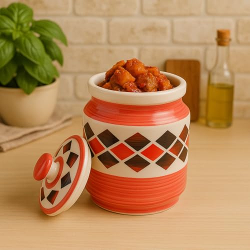 Image of Ceramic Jars (1000 ML) - Handcrafted Multipurpose Barni with Lid for Pickle, Chutney, Spices, Salt, Sugar - Kitchen Storage Containers, Red Brick